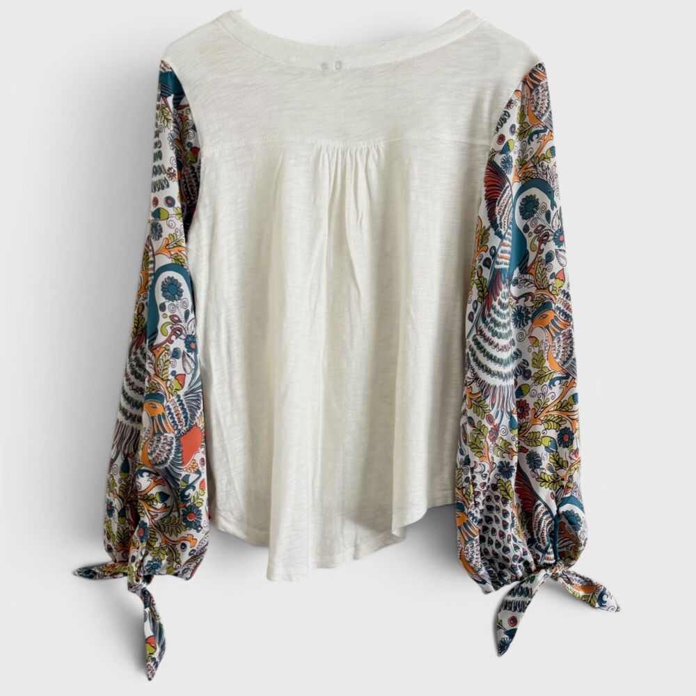 maybelle bird peacock tie sleeve cotton boho crew blouse medium by anthropologie - Picture 2 of 7
